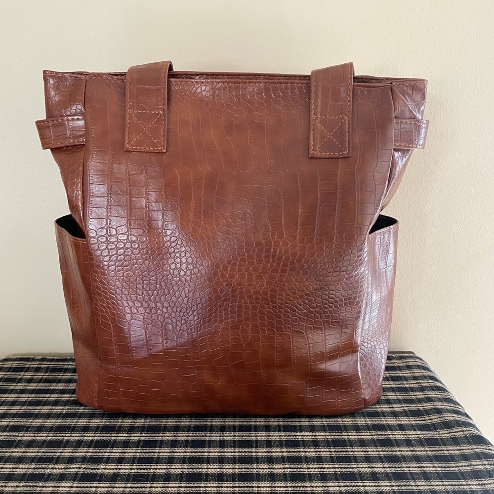 New Brown Faux Crocodile Embossed Lrg Tote Bag Synthetic Work Travel Purse #303 - Picture 3 of 5